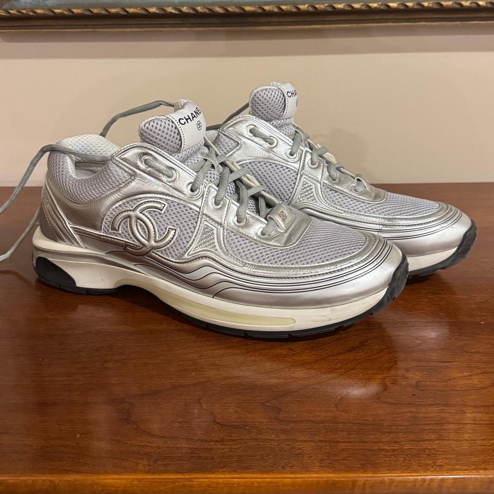 Men’s Chanel Laminated Leather Silver Sneakers